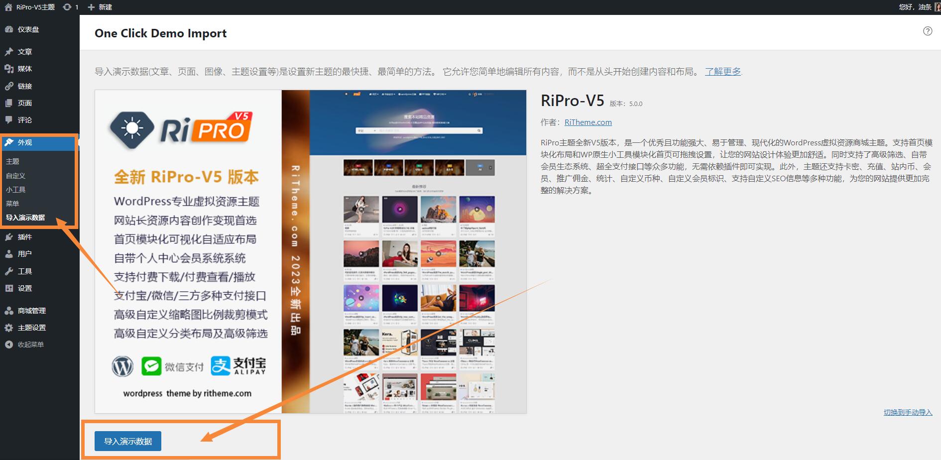 RiPro-V5一键导入演示数据教程说明-RiTheme主题